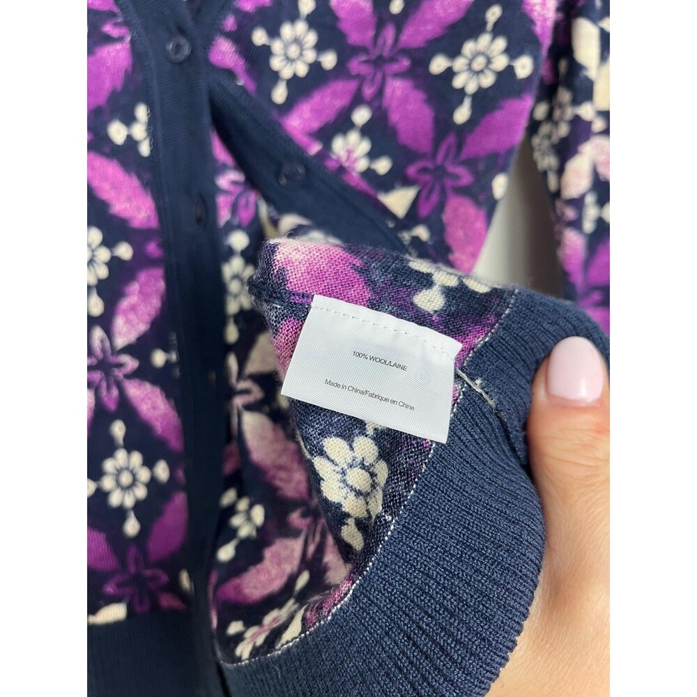Tory Burch Cardigan Sweater Womens Small Blue Floral Wool Button Front Knit - Picture 5 of 8